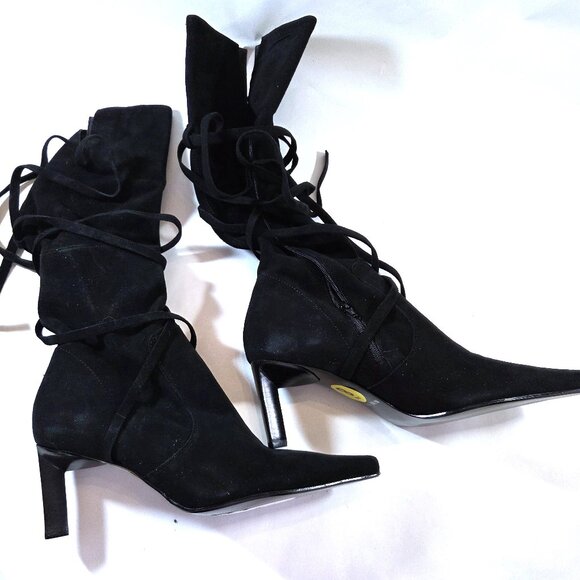 NIB Nine West Unityr Black Suede Boots with Strapping Tie Accents Size 8 - Picture 1 of 4